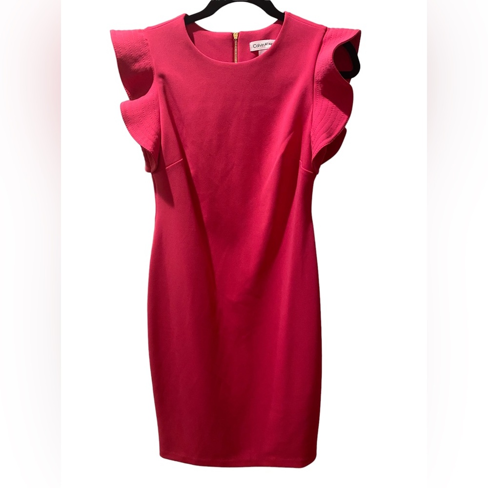 CALVIN KLEIN Fuchsia Hot Pink Ruffle Sleeve Sheath Women’s Dress Size 6